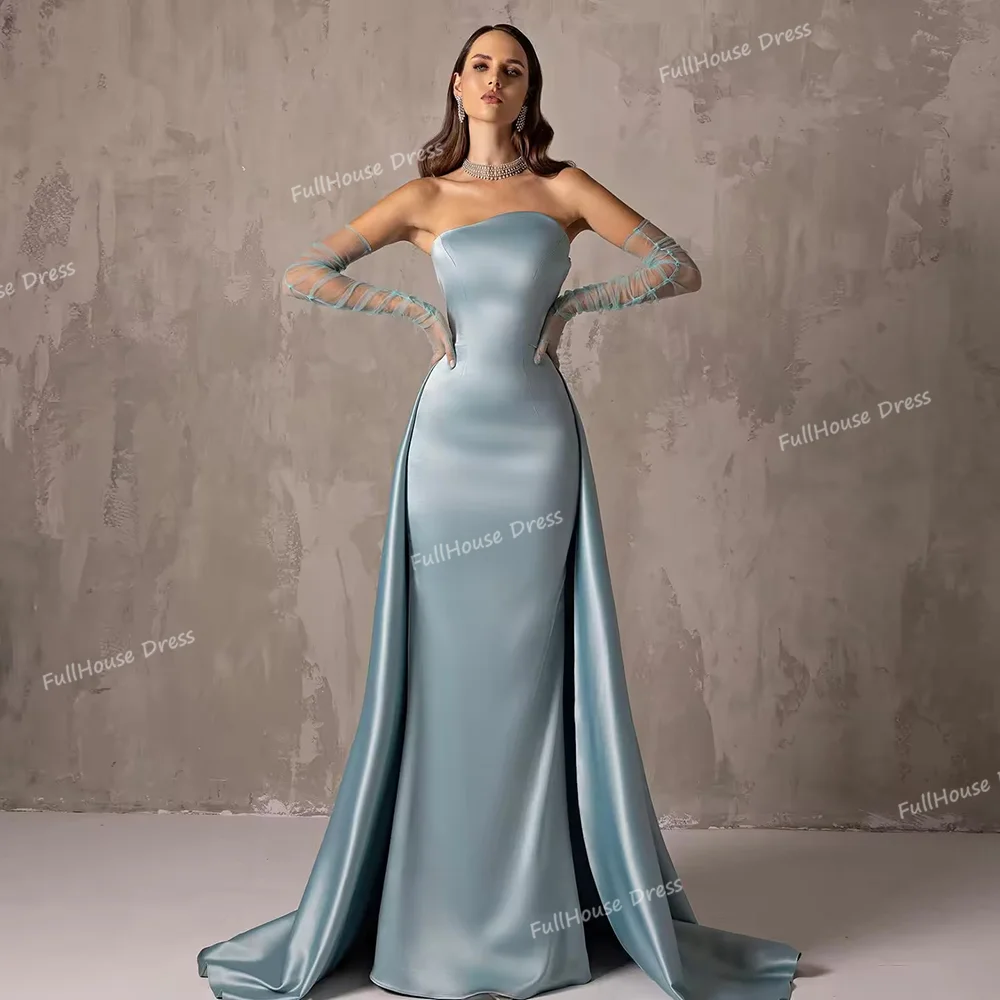 

Custom Made High Quality Strapless Solid Sheath Sexy Evening Gown Backless Floor Length Party Dress with Train robes de soirée