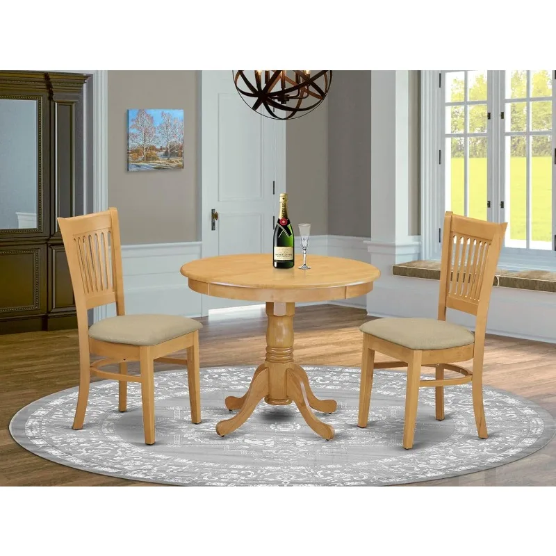 ANVA3-OAK-C 3 Piece Kitchen Table Set for Small Spaces Contains a Round Dining   Fabric Upholstered Chairs, 36x36 Inch, Oak