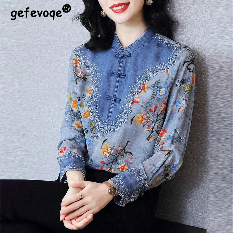 Vintage Embroidery Floral Print Chinese Style Elegant Shirts Women\'s Fashion Stand Collar Long Sleeve Top Blouse Clothing Blusas