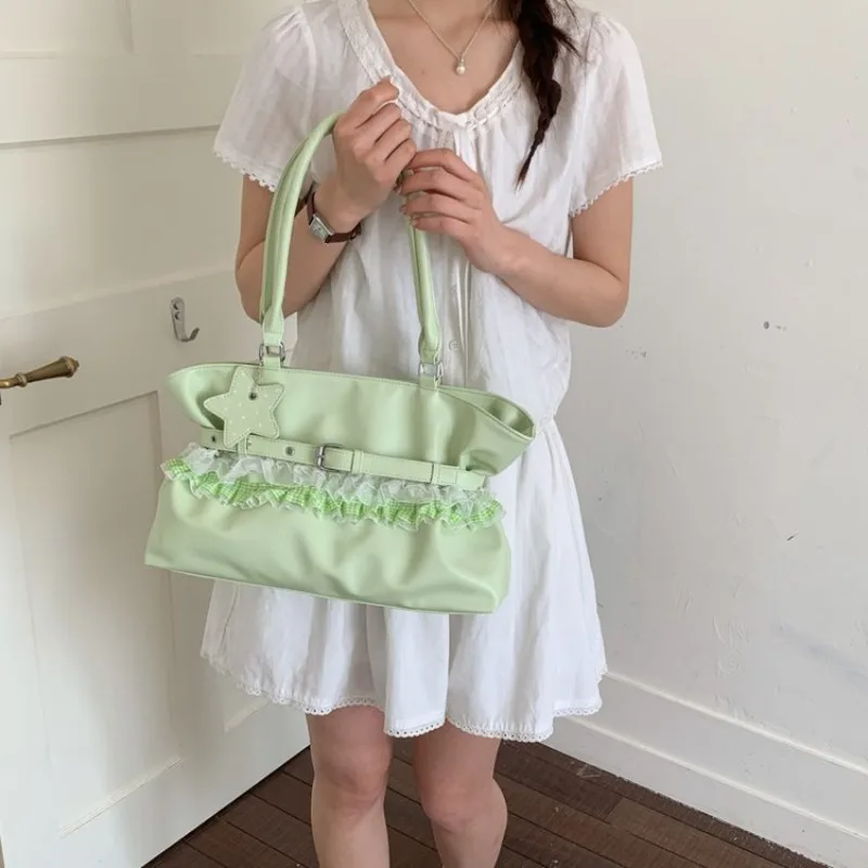 Women's Pastel Color Shoulder Tote Bag with Plaid Lace Ruffle & Star Charm, Casual Style for Daily Errands & Weekend Outings