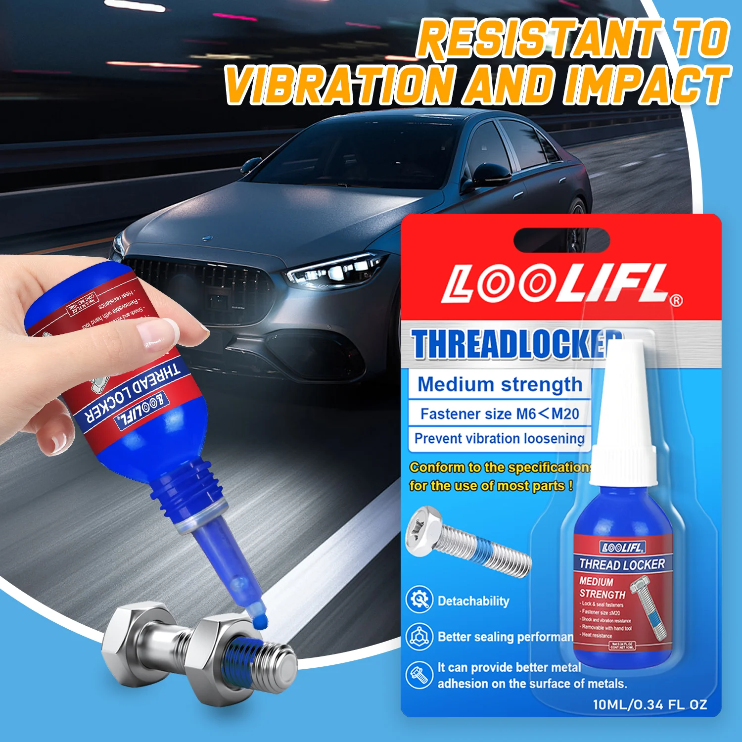 LOOLIFL Mittelfester blauer Schraubensicherung 243-Schraubenkleber – abnehmbarer anaerober Klebstoff für Bolzen, Muttern, Anti-Vibrations-Lösen