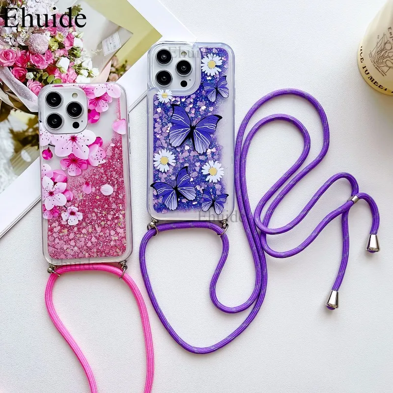 Treibsand-Blumen-Hülle für iPhone 17, 16, 14, 15, 13, 11, Pro Max 12, Mini X Plus 16E, transparenter Riemen, flüssiger Glitzer, Umhängeband-Abdeckung – Detail 8