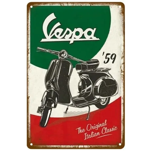 Cartel de hojalata con bandera italiana, Scooter clásico, arte rústico para decoración de cueva de hombre
