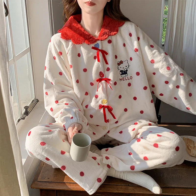 Coral Velvet Hellokittys Kawaii Polka Dot Pajamas Women Winter Anime Thickened Warm Cartoon Sweet Home Clothes Christmas Gift