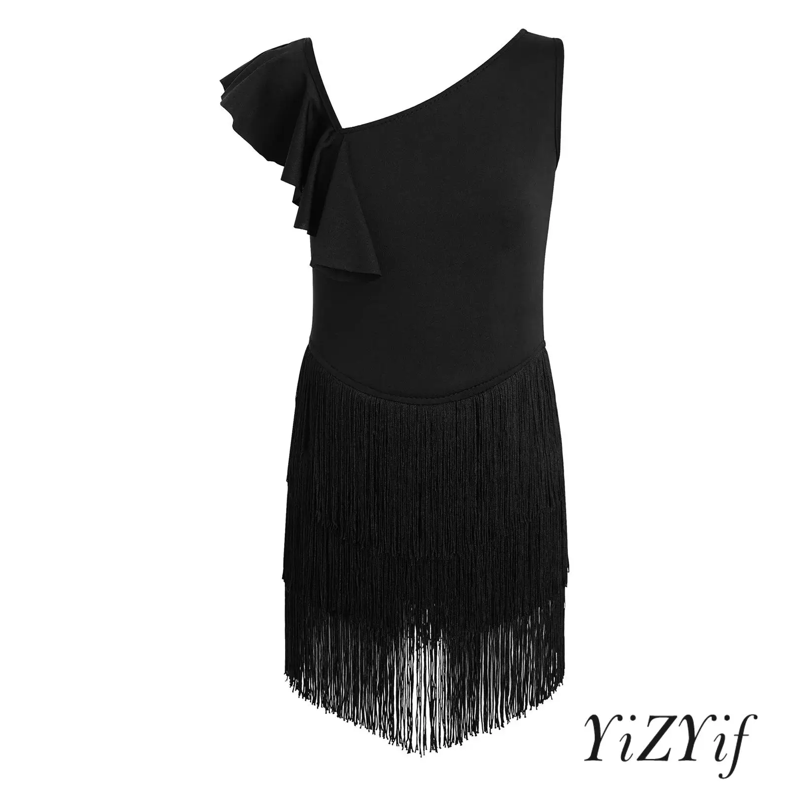 

Kids Girls Latin Dance Performance Competition Dress Asymmetrical Ruffle Fringe Dress with Built-in Briefs Salsa Rumba Dancewear