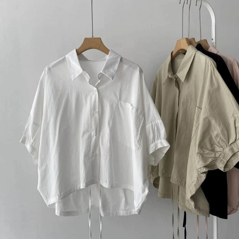 Cotton Shirts for Women Vintage Short Sleeve Polo-neck Casual Summer Single Breasted Korean Style One-piece Blouse Women Tops