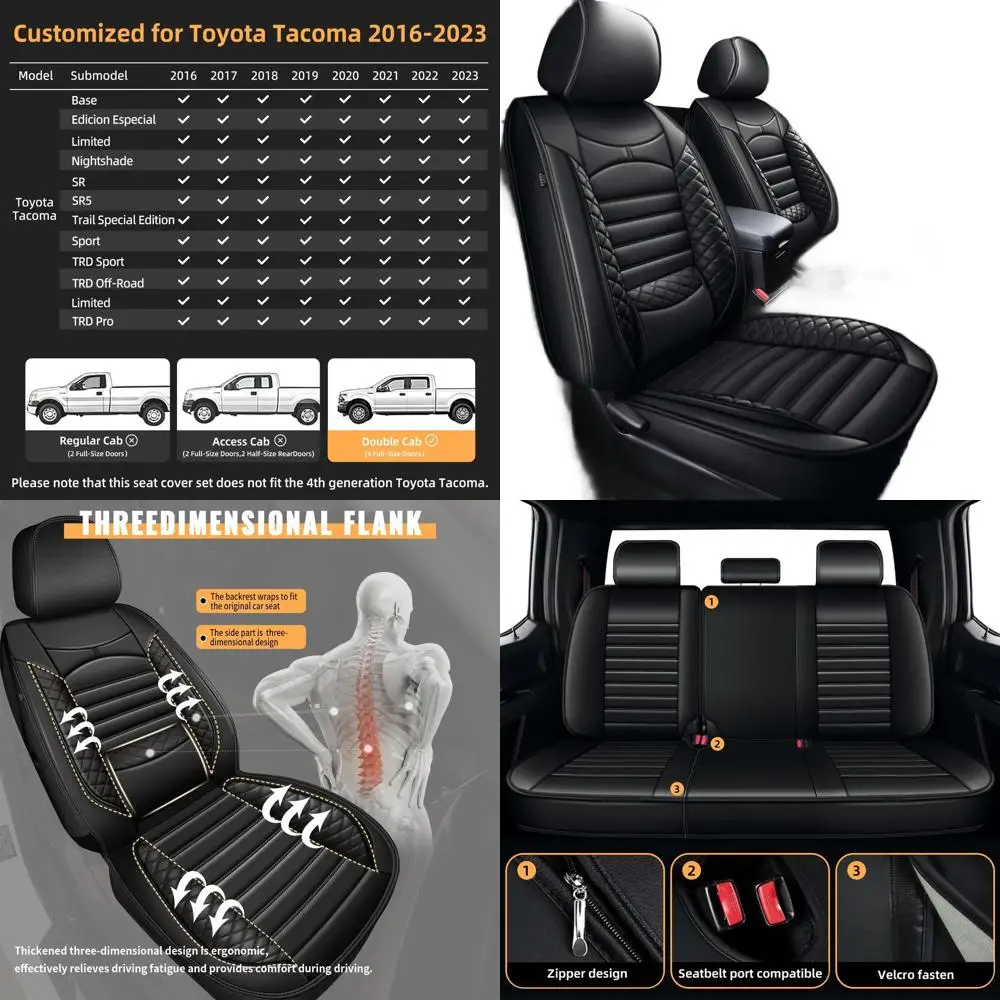 Custom Leather Seat Covers for 2005-2023 Toyota Tacoma Double Cab, 5-Seat Set in Black