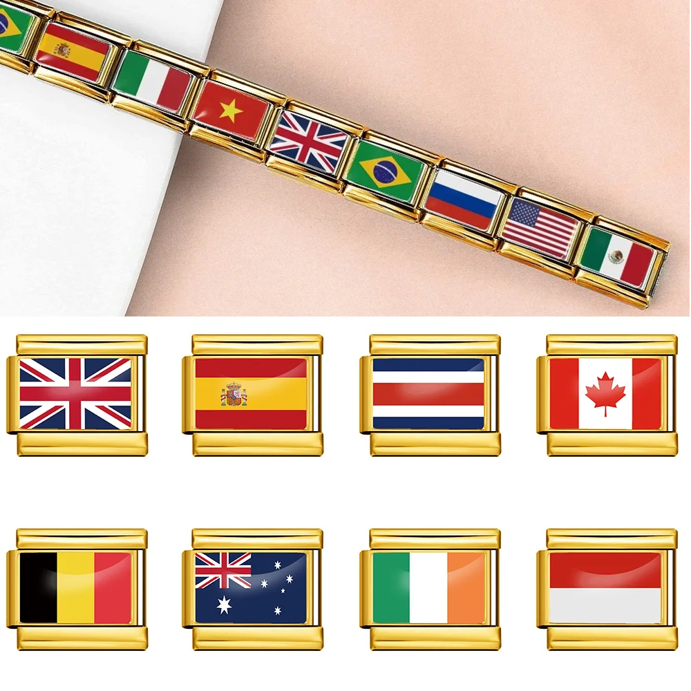 

Fashion Gold Color World National Flags Italian Charm Link Fit 9mm Bracelet Stainless Steel DIY Making Beads Women Men Jewelry