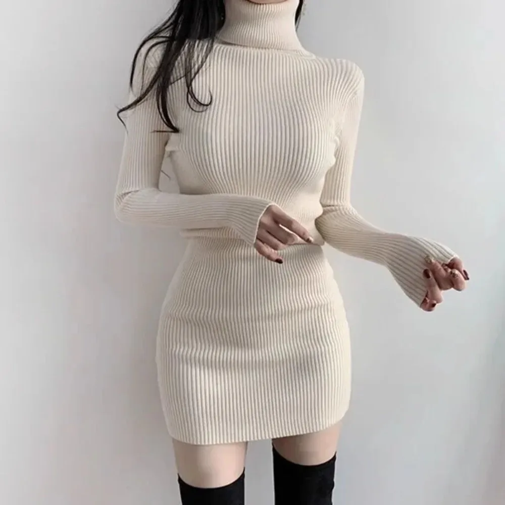 

New Turtleneck Sweater Dresses Lady Sexy Slim Streetwear Bodycon Mini Dress Women Thick Basic Bottoming Dress Woman