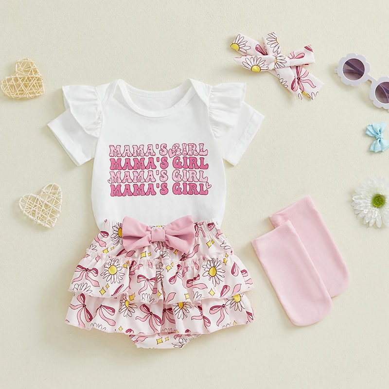 طقم شورت للفتيات حديثي الولادة بأكمام قصيرة مطبوع عليه حروف رومبير شورت مزين بالزهور مع جوارب هيرباند ملابس صيفية