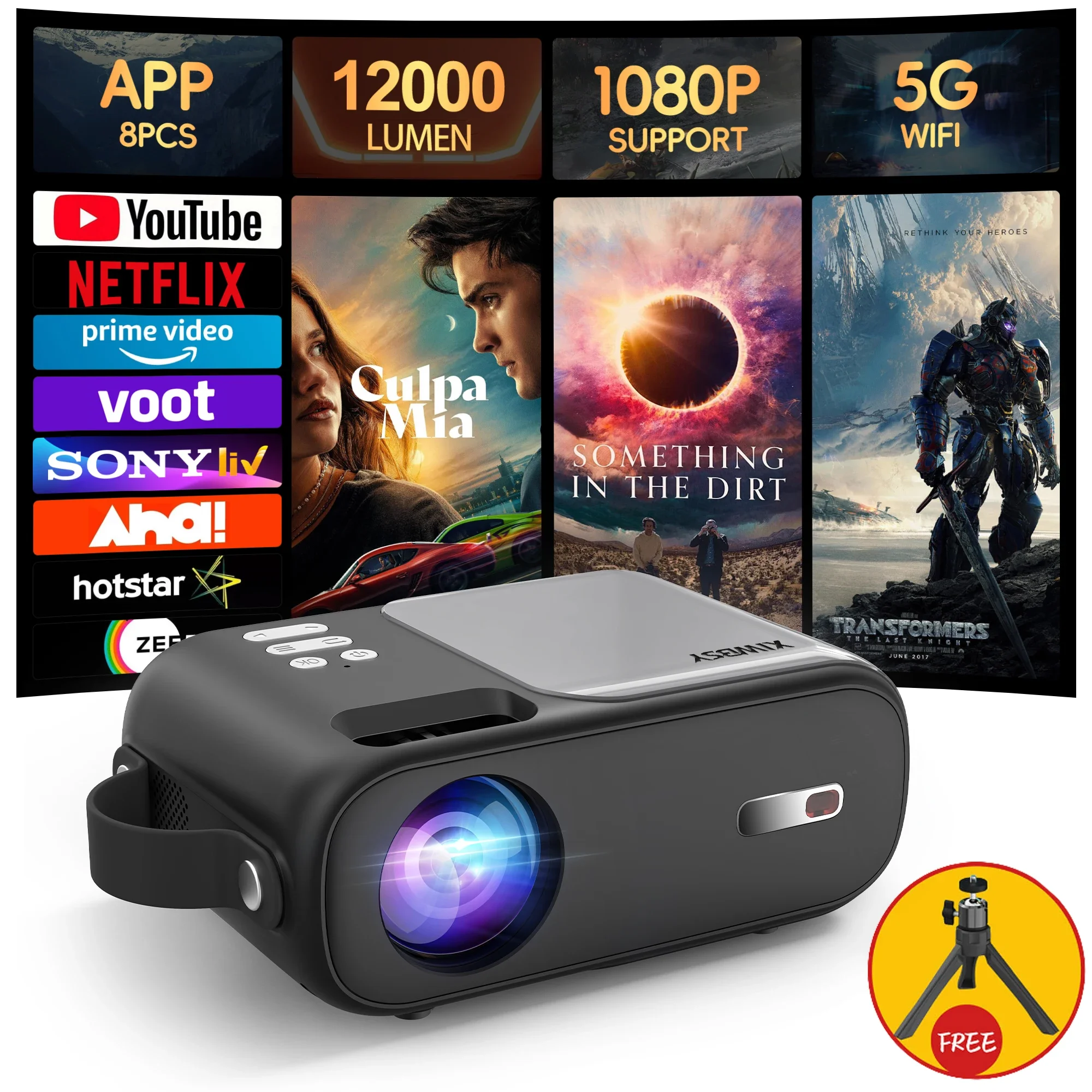 

XIWBSY Android 4K Projector 12000 Lumens Native 1080P Wifi6 Projetor 300ANSI Home Cinema Outdoor Portable Proyector Beamer