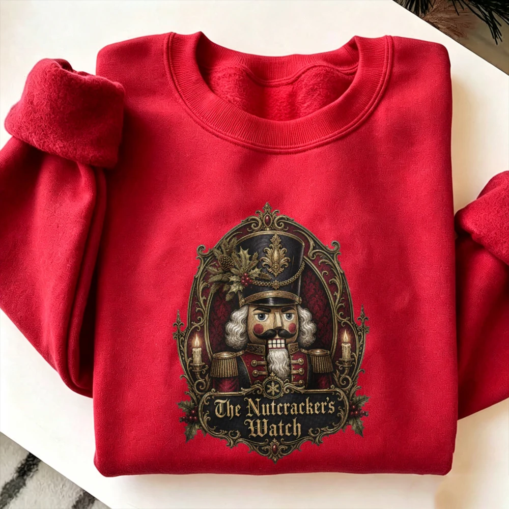 The Nutcracker's Watch Vintage Nutcracker Soldier Portrait Print Pullover Retro Xmas Graphic Long Sleeve Casual Holiday Unisex