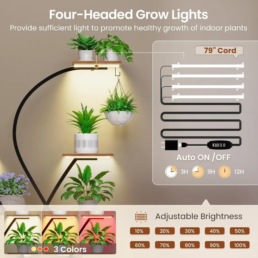 حامل نباتات داخلي طويل القامة 64 بوصة مع ضوء النمو، عبوة من 2 رف نباتات زاوية مكون من 7 طبقات يتميز بعجلات وحوامل نباتات منحنية fo #6