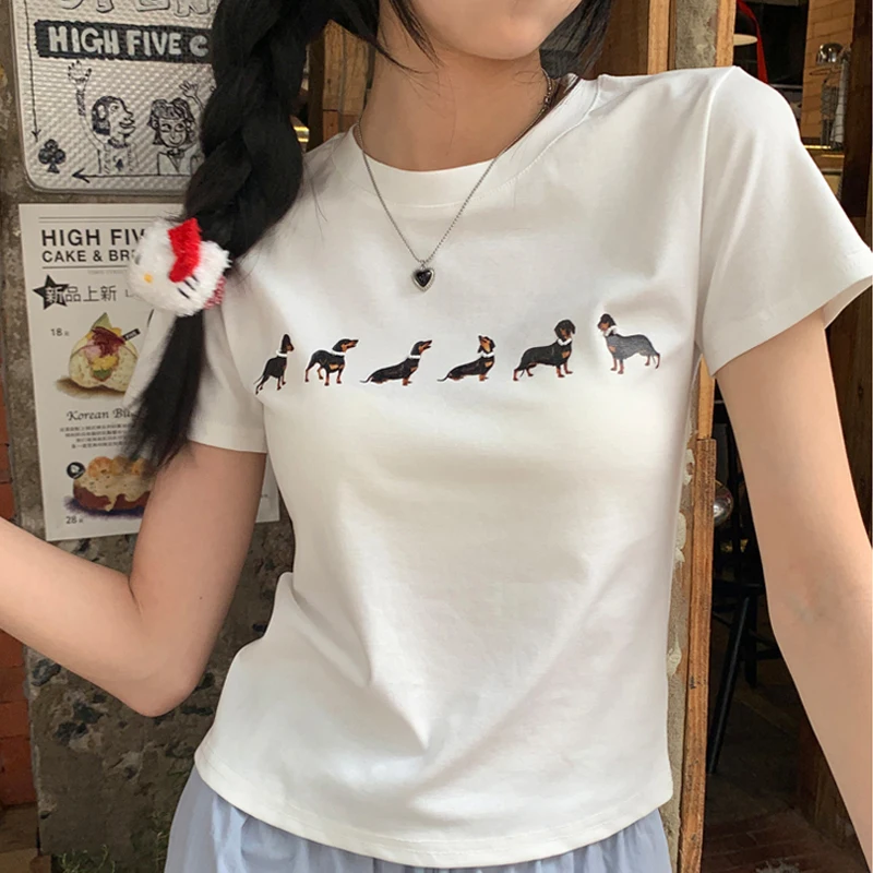 Korean Puppy Graphic Printed Short-sleeved Women's T-shirt  Fashion Summer Slim Sexy White Round Neck Short Top Woman Clothing