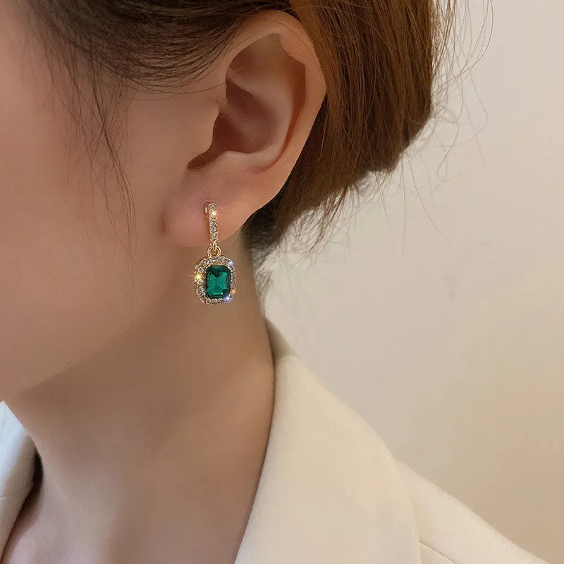 Green Crystal Earrings for Women Geometry Square Dangle Earrings New Fashion Rhinestones Drop Earrings Party Luxury Jewelry Gift