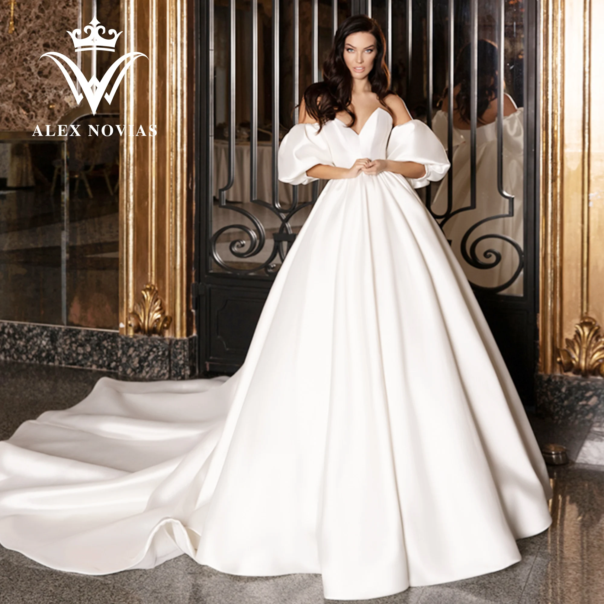 

ALEX NOVIAS Satin Wedding Dress For Women 2023 Elegant Removable Puff Sleeve Sweetheart Backless Bridal Dress Vestidos De Novia