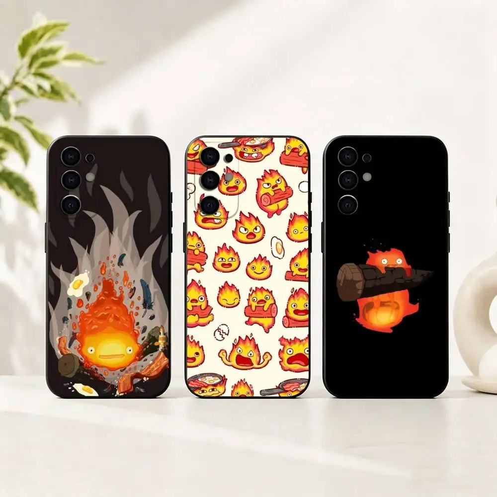 Anime H-Howls Moving Calcifer Phone Case For Samsung S25,S24,S21,S22,S23,S30,Ultra,S20,Plus,Fe,Soft Silicone Black Cover