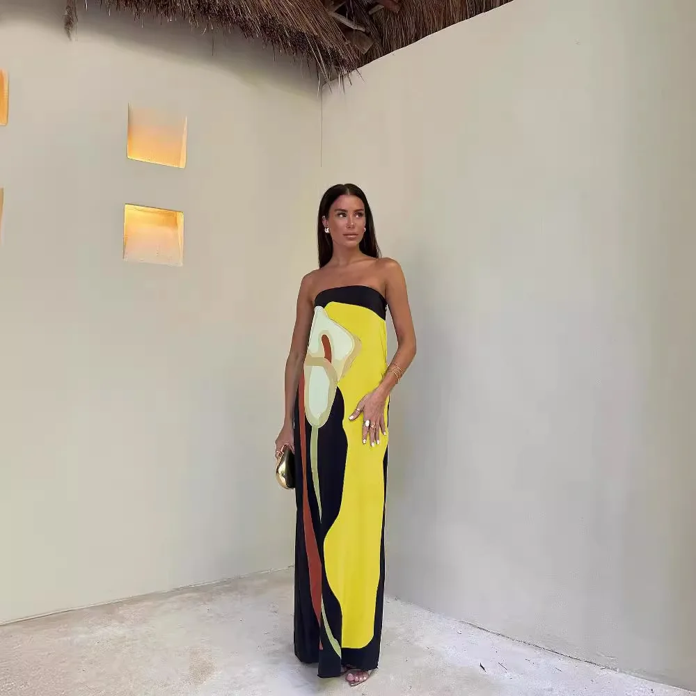 

2025 Summer Women Strapless Backless Flower Printed Long Dress Women Sleeveless Off Shoulder Vestidos Plus Size Streetwear