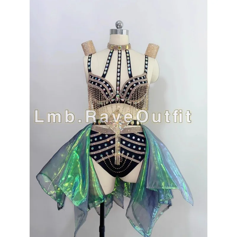 

Customized Colorful Black Tassel High Waist Skirt Nightclub DJ Performance Dress DS Leotards for Girls Tutu Dress Women