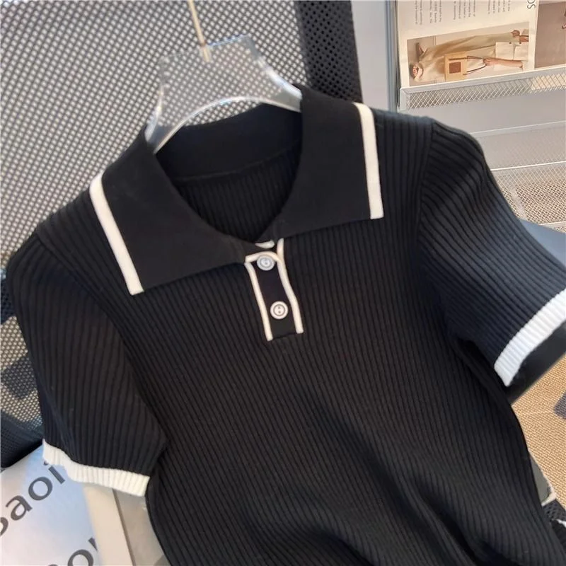 Versatile Minimalist Korean Style Solid Color Casual Summer Small Fragrance Collar Short Sleeved Knitted T-shirt Top For Women