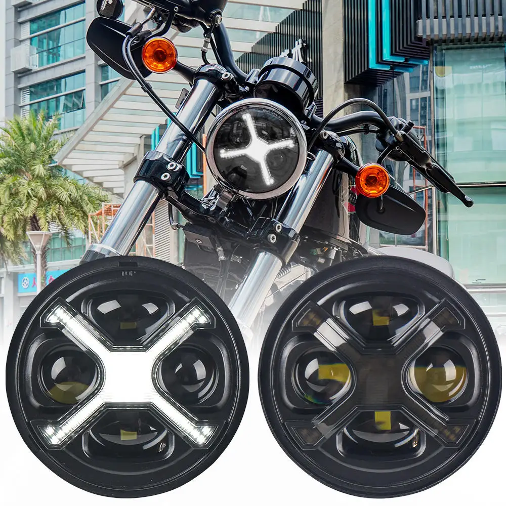 

Motorcycle Headlight 5.75inch Led Smoked X-Type White Drl / X Amber Drl / X Red Drl / X Blue Drl with Angel Eye Headlight