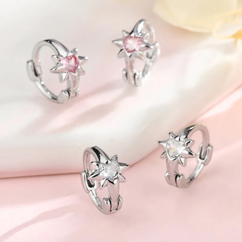VENTFILLE 925 Sterling Silver Zircon Hoop Earring For Women Pink Hexagram Heart Luxury Valentine's Day Jewelry Dropshipping