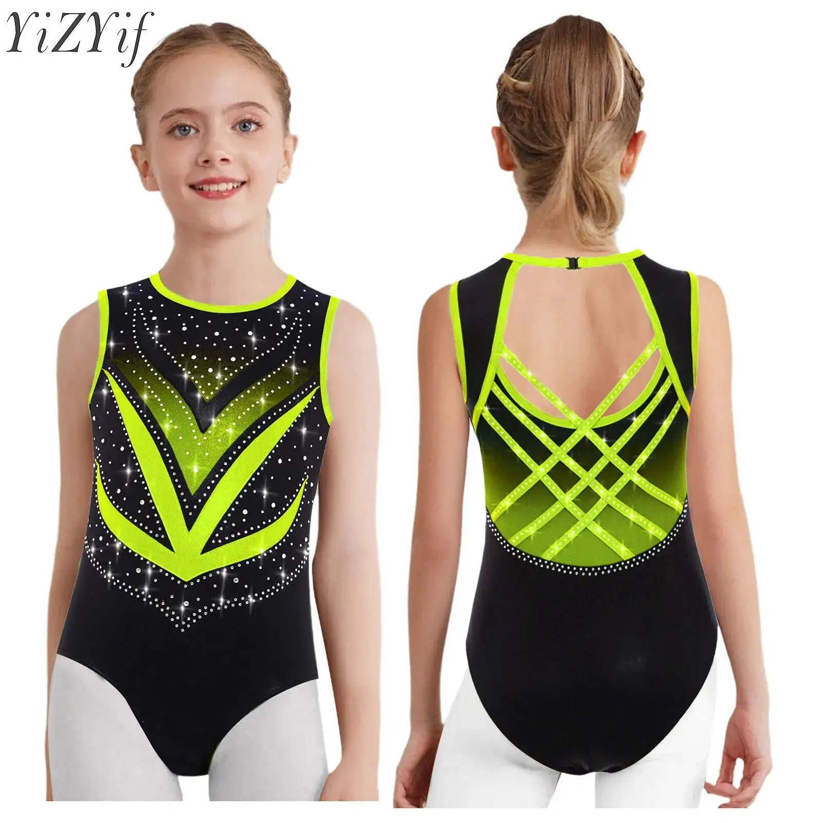 

Kids Girls Ballet Gymnastics Leotard Sports Workout Unitard Sleeveless Crisscross Cutout Back Mesh Rhinestones Dance Bodysuit