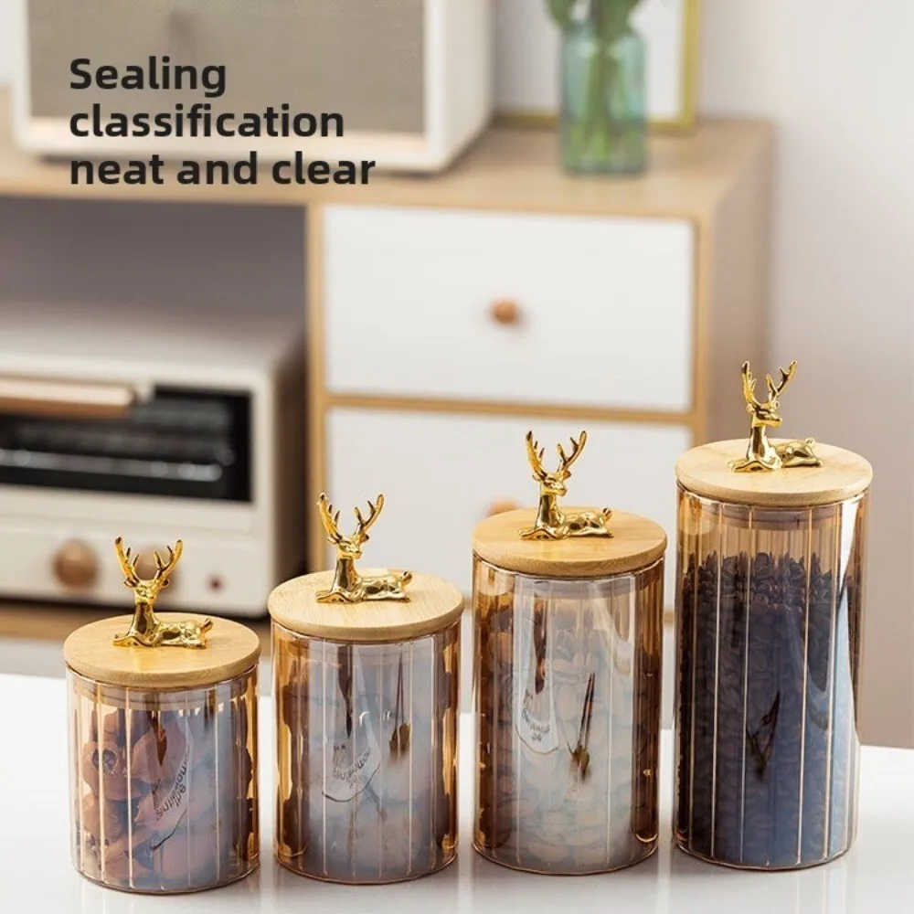 

Amber High Borosilicate Glass Storage Jar with Bamboo Lid for Coffee Candy Vertical Deer Pattern Design