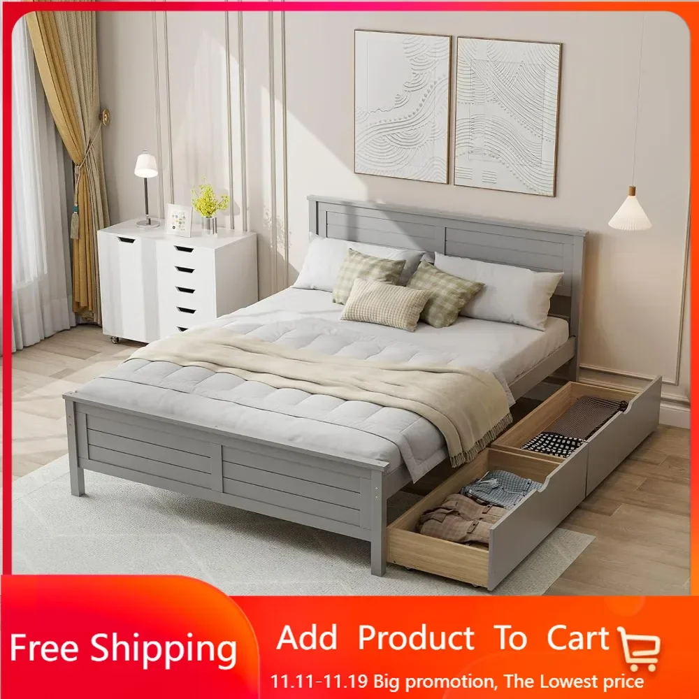 

Wood Full Size Bed Frame with 2 Storage Drawers, Solid Wood Platform Bed with Headboard, Wooden Slats Mattress Foundation