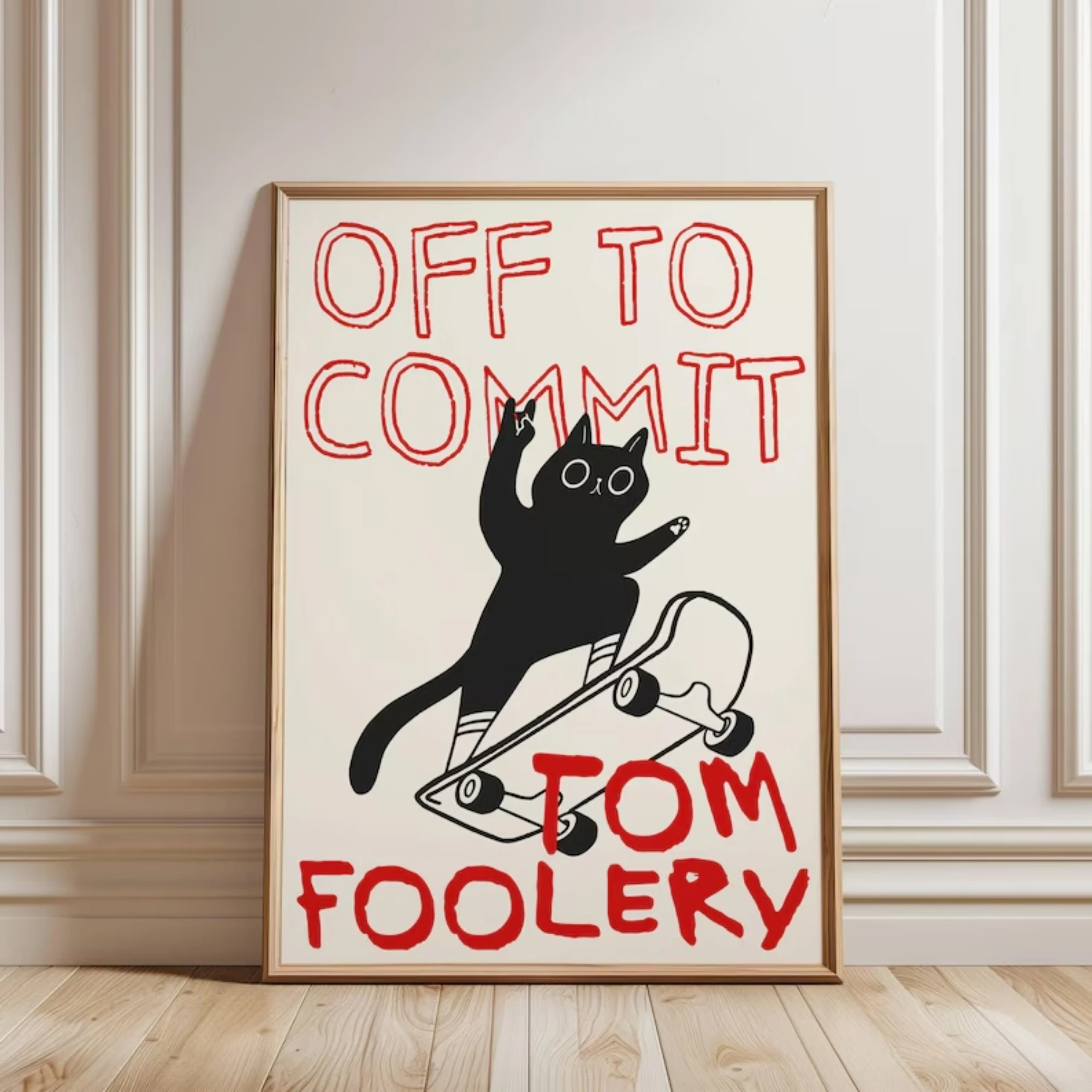 Off To Commit Tomfoolery Black Cat Skateboard Wandkunstdruck, Leinwandgemälde, Poster, Bild für Wohnzimmer, Schlafzimmer, Heimdekoration