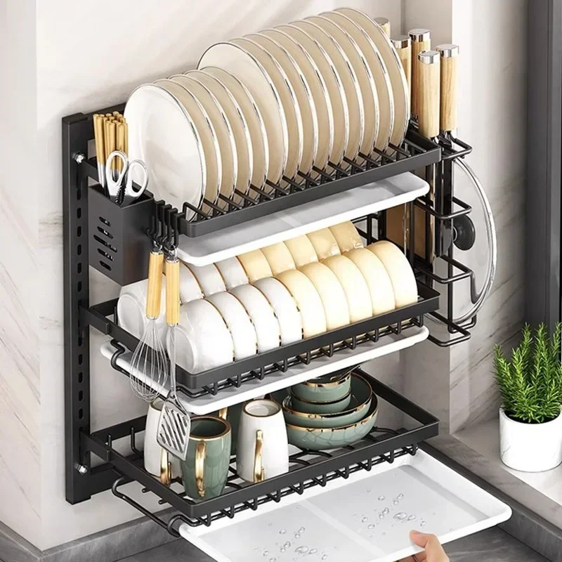 Simple Dish Rack Wall Mounted Multifunctional Storage Rack No-hole Cupboard With Chopsticks Knives Plates Draining Storage
