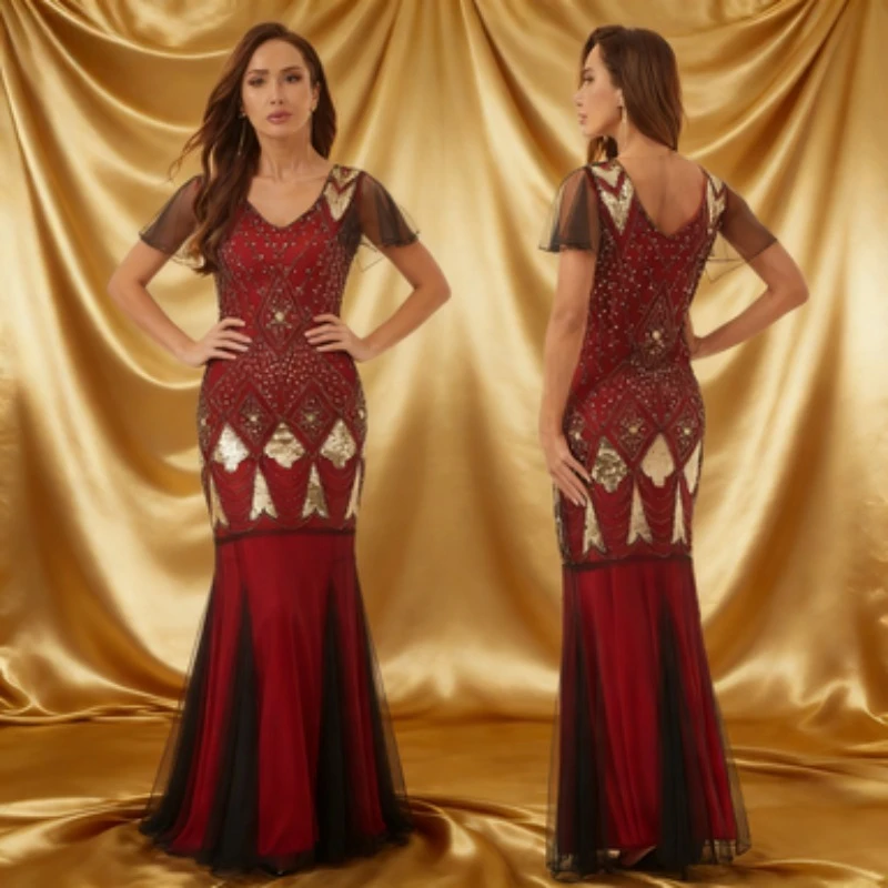 Damen 1920er Jahre Vintage Pailletten Abendkleid Luxus Meerjungfrau Maxikleid Formelle Bankette Cocktailpartys