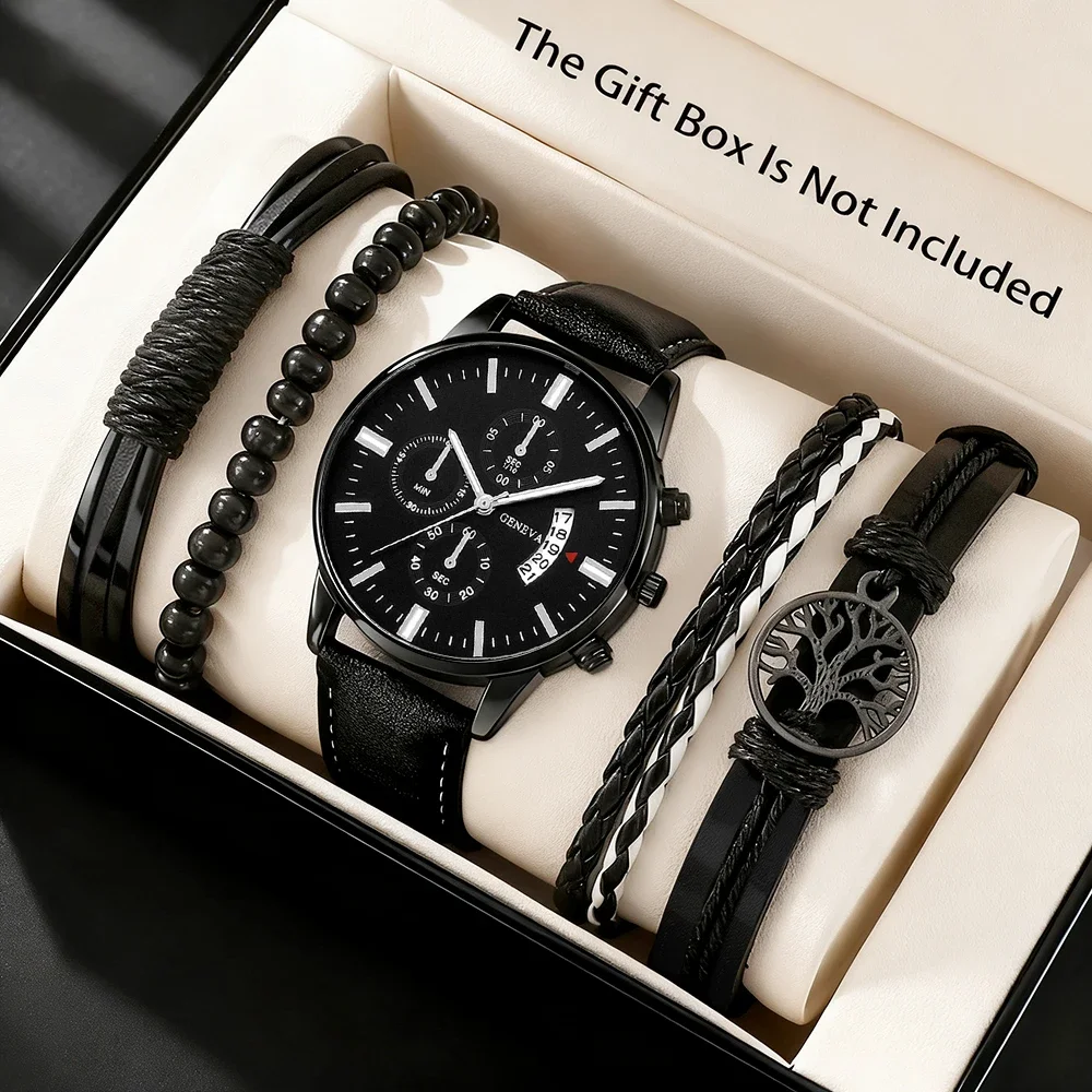 1pc Men's New Watch+4pc Bracelet Jewelry Set Texture Strap Handsome Dial Fashionable Appearance Best Choice for Daily Dressing