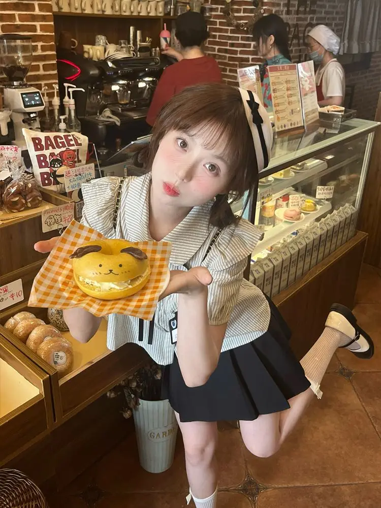 

Женская полосатая рубашка с коротким рукавом, летние милые укороченные топы, повседневная дизайнерская блузка