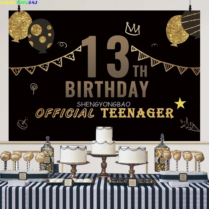 Or noir joyeux 13th anniversaire photographie décors ballon 13 ans juif garçon Bar Mitzvah Photo Studio fond DX-01