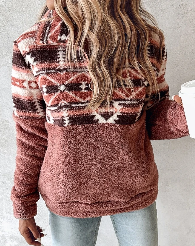 2023 Autumn Winter Spring Fashion Casual Elegant Aztec Geometric Patten Zipper Design Teddy Sweatshirt Female Clothing Outfits