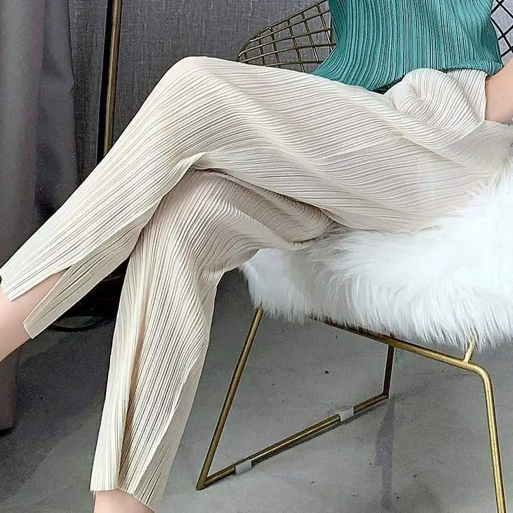 Summer Fashion Slimming Pleated Casual Loose Fit Straight Leg Pants Korean Style Commute Nine Points Polyester Blend