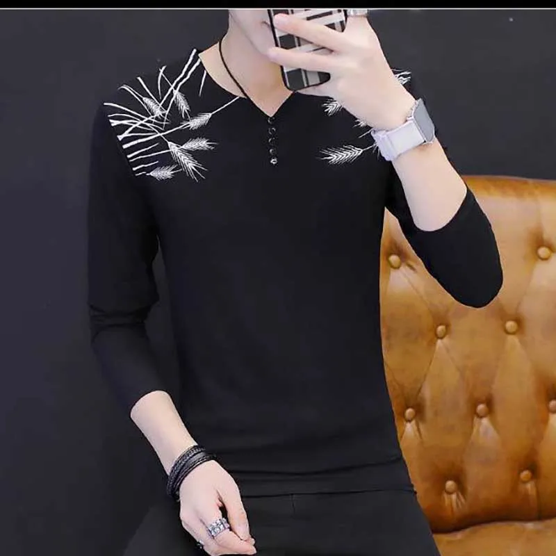 Fashion V-Neck Button Printed Korean T-Shirts Mens Clothing 2024 Spring Summer New Loose Casual Tops All-match Tee Shirt