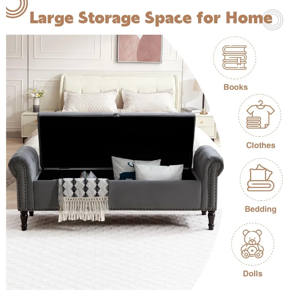 مقعد تخزين منجد بحجم كينج بأذرع، مسند معنقدة لنهاية غرفة النوم، أثاث غرفة نوم كبيرة مع مساحة تخزين