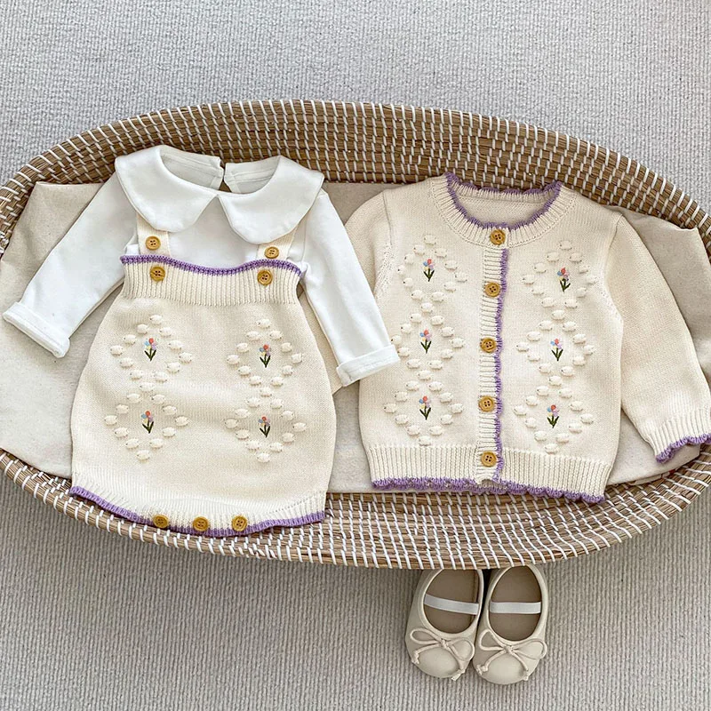 Autumn Spring Infant Baby Girl Knitting Clothes Set Long Sleeved Floral Embroidery Cardigan+Jumpsuit Newborn Baby Clothing Suit