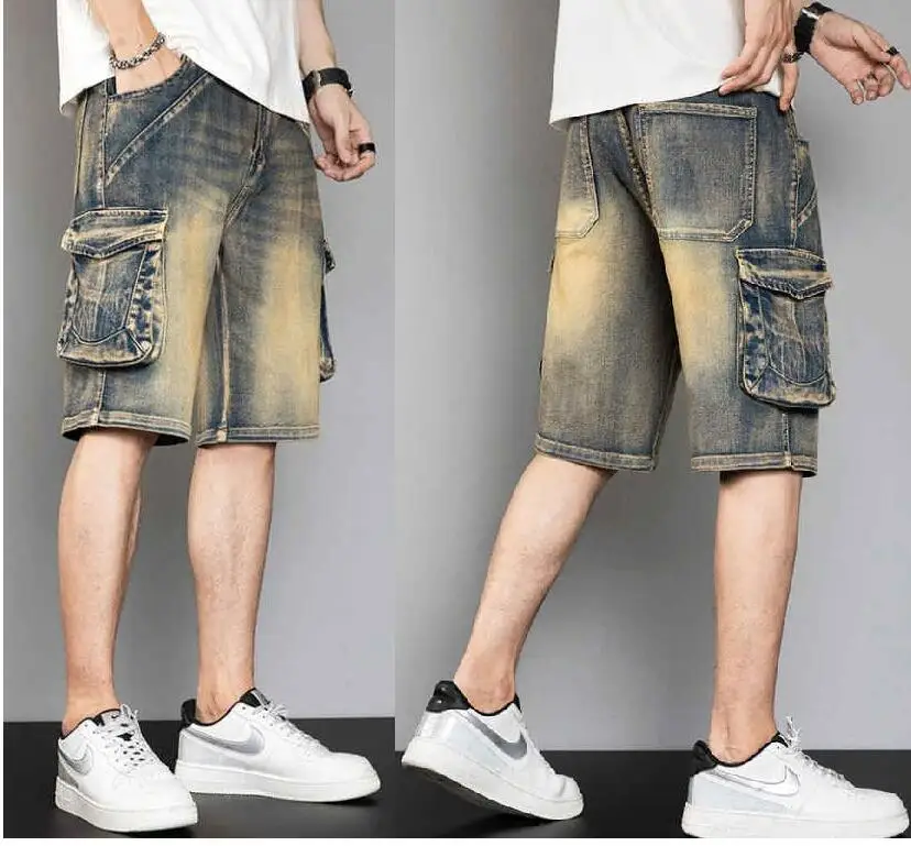 Men Jeans Multi Pocket Summer Loose Male Distressed Wide Leg Knee Length Shorts Washed Fashion Denim Shorts