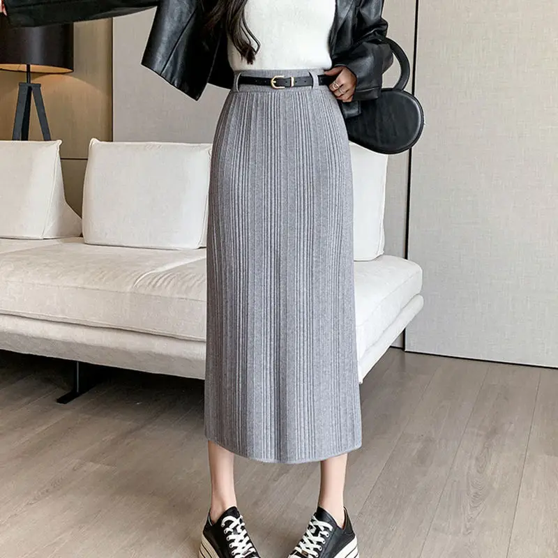 

Модная темпераментная серая вязаная длинная юбка, женские корейские офисные женские юбки-миди с высокой талией, универсальные утягивающие плиссированные юбки