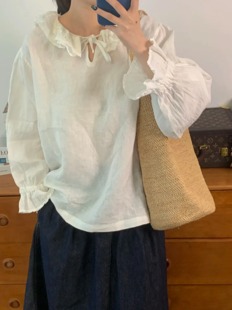 

Charming Japanese Sle~ Super Soft R Brand Lace Doll Collar Linen Loose Casual White irt Casual Loose V-ne Long Sve