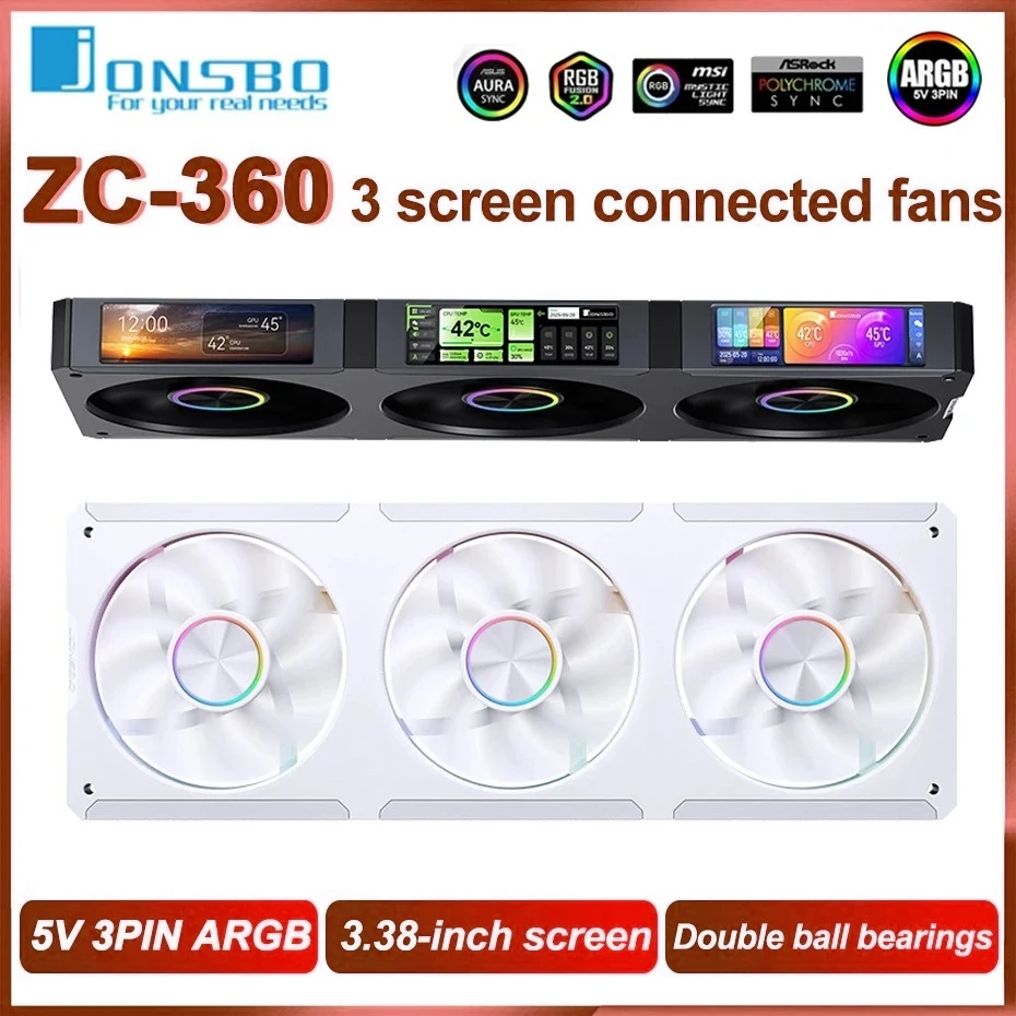 JONSBO ZC-360 120mm 3 in 1 Case Cooling Fan 3*3.38-Inch Continuous Screen ARGB Connected Building Block Fan Double Ball Bearing