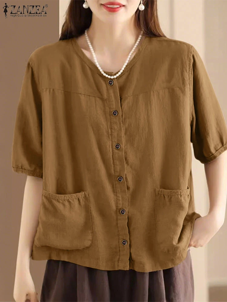 

ZANZEA Casual Office Work Shirts Buttons Solid Color Women's Tops 2025 Summer Short Sleeve Blouses Female V Neck Blusas Tunics