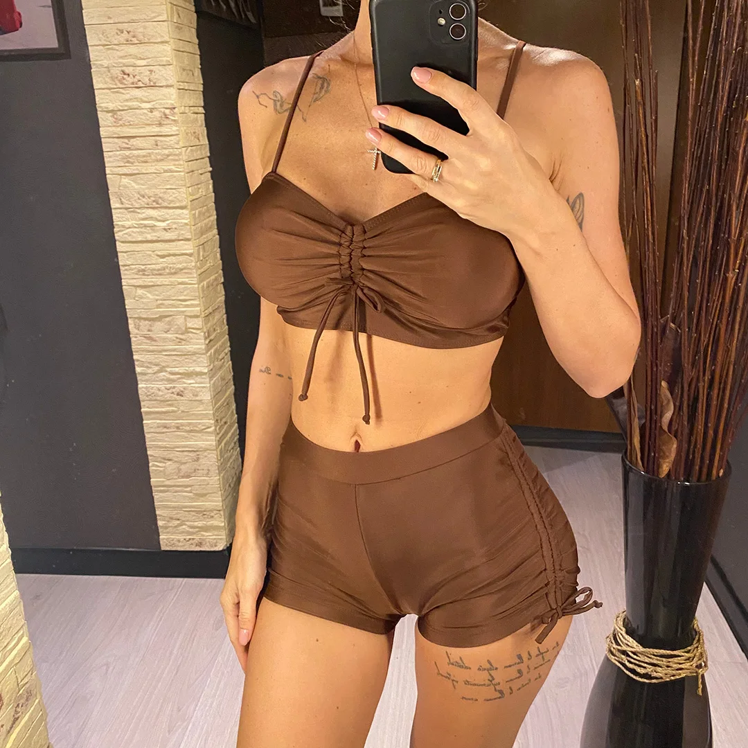 Geknitterte, geknotete Shorts, Bikini mit hoher Taille, Damen-Badeanzug, zweiteiliges Bikini-Set, Badebekleidung, Badeanzug, Schwimmanzug V6197 – Detail 3
