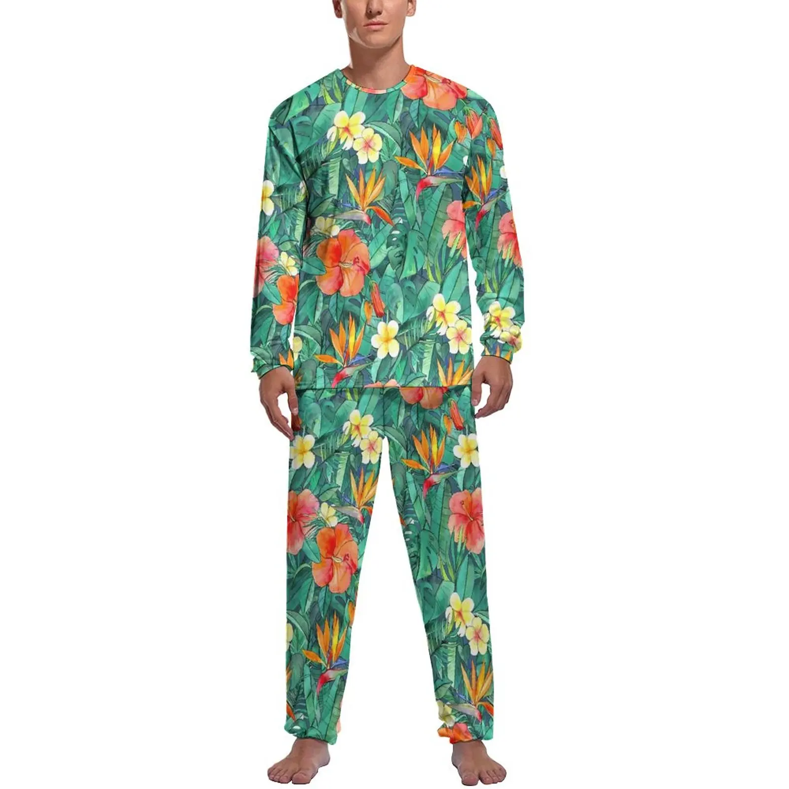 Classic Tropical Floral Pajamas Autumn Red Flowers Casual Sleepwear Male 2 Piece Printed Long Sleeves Elegant Pajamas Set