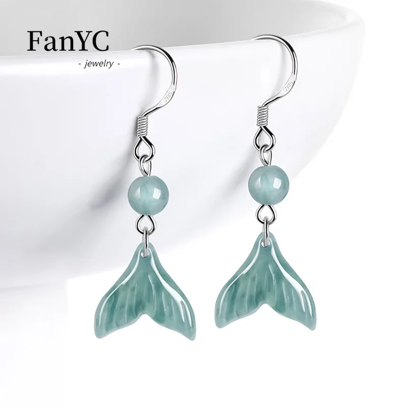 

S925 Silver Inlaid Myanmar Jadeite Blue Water Fish Tail Earrings Hand-carved Ancient Style High-grade Ice Jade Ladies Earrings