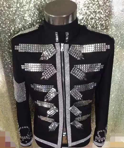 Handmade Quality Men\'s Black Royal Sequins Jacket Party Show Nightclub Male Singer Stage Performance Coat Jazz Dance Blazers