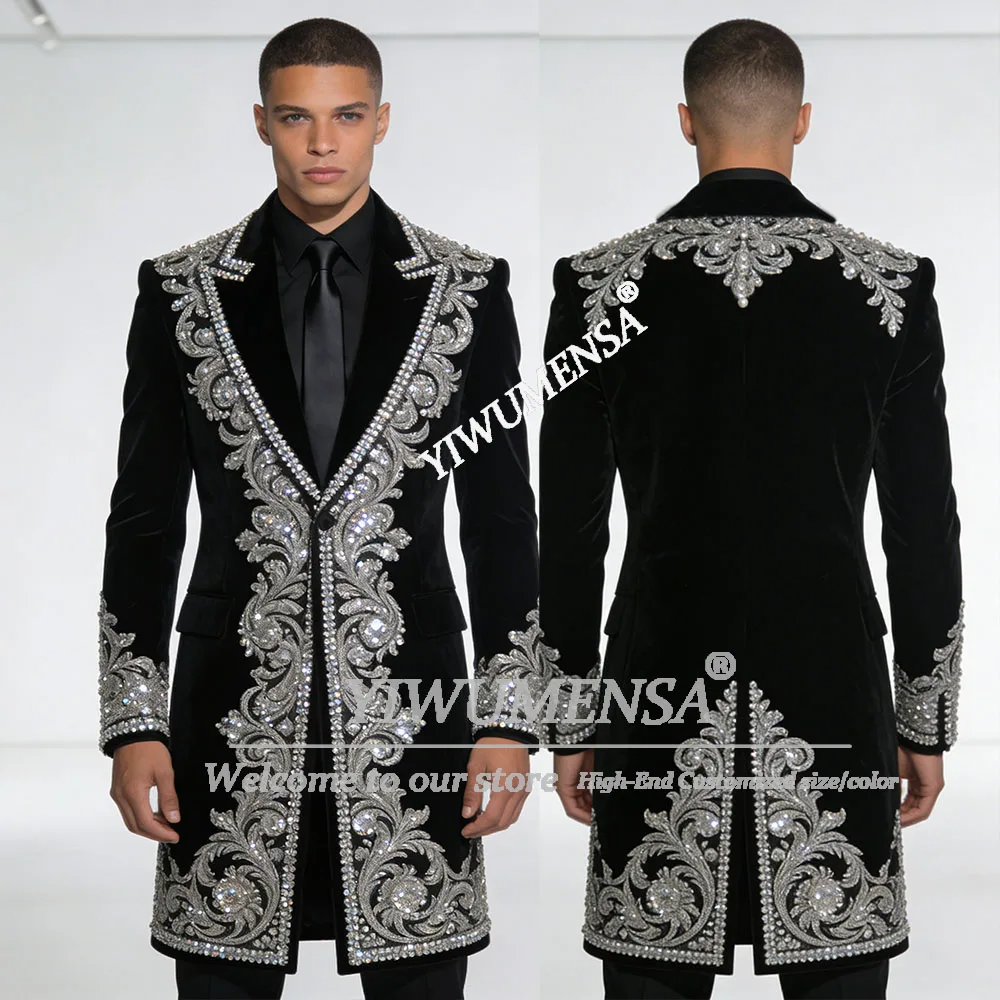 

Autum Winter Beaded Ornament Men Suits Customized Fashion Coat Long Groom Blazers 2 Pieces Sets Wedding Party Tuxedo Ropa Hombre